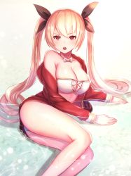 Rule 34 | 1girl, azur lane, blonde hair, blush, breasts, cleavage, commentary request, dolce (dolsuke), hair ribbon, large breasts, long hair, long sleeves, looking at viewer, nelson (azur lane), open mouth, red eyes, ribbon, solo, swimsuit, thighs, very long hair