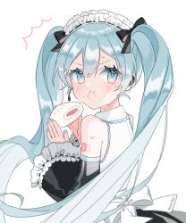 Rule 34 | 1girl, ^^^, absurdres, back bow, baozi, blue eyes, blue hair, bow, commentary, detached sleeves, eating, food, food on face, frilled sleeves, frills, from behind, hair ribbon, hatsune miku, headset, highres, holding, holding food, long hair, long sleeves, looking back, maid headdress, nail polish, re eva, ribbon, shirt, sleeveless, sleeveless shirt, solo, twintails, v-shaped eyebrows, very long hair, vocaloid