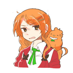 Rule 34 | 1girl, animal, aquila (kancolle), bird, black eyes, collared shirt, jacket, kantai collection, long hair, lowres, open mouth, orange hair, rebecca (keinelove), red jacket, shirt, simple background, solo, ss roma, white background, white shirt