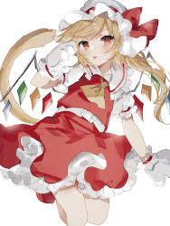 Rule 34 | 1girl, :p, animal hands, ascot, blonde hair, blush, bow, cat tail, center frills, closed mouth, crystal, flandre scarlet, flat chest, frilled shirt collar, frills, from below, full body, gloves, hand up, hat, hat bow, highres, kemonomimi mode, looking at viewer, mob cap, one side up, paw gloves, puffy short sleeves, puffy sleeves, red bow, red eyes, red skirt, red vest, short hair, short sleeves, simple background, skirt, solo, sorani (kaeru0768), swept bangs, tail, tongue, tongue out, touhou, vest, white background, white hat, wings, yellow ascot