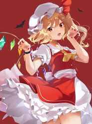 Rule 34 | 1girl, absurdres, back bow, bat (animal), bat wings, black wrist cuffs, blonde hair, blurry, blush, bow, breasts, claw pose, collar, crystal, depth of field, eyelashes, fingernails, flandre scarlet, frilled collar, frilled skirt, frilled sleeves, frills, gao, hair between eyes, hands up, hat, hat bow, highres, long fingernails, looking at viewer, medium hair, mob cap, multicolored wings, neckerchief, open mouth, puffy short sleeves, puffy sleeves, rainbow order, red background, red bow, red eyes, red nails, red skirt, ribbon-trimmed headwear, ribbon trim, serious, short sleeves, side ponytail, simple background, skirt, small breasts, solo, tamiku (shisyamo609), teeth, touhou, upper teeth only, v-shaped eyebrows, white bow, white collar, white hat, white skirt, wings, wrist cuffs, yellow neckerchief
