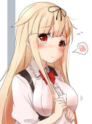 Rule 34 | 10s, 1girl, absurdres, alternate costume, black ribbon, blonde hair, blush, bow, bowtie, breasts, commentary request, hair flaps, hair ribbon, highres, kantai collection, large breasts, long hair, looking at viewer, nose blush, red eyes, ribbon, saku (kudrove), skirt, solo, spoken squiggle, squiggle, suspender skirt, suspenders, upper body, yuudachi (kancolle), yuudachi kai ni (kancolle)