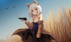 Rule 34 | 1girl, animal ears, bare shoulders, bird, black choker, black dress, black pantyhose, blood, blood on breasts, blood on face, blue sky, brown jacket, cat ears, choker, clear sky, collarbone, commentary request, day, dress, field, finger on trigger, grey hair, gun, hair between eyes, handgun, highres, holding, holding gun, holding weapon, jacket, kinona, long hair, long sleeves, off shoulder, open clothes, open jacket, original, outdoors, pantyhose, pistol, purple eyes, sky, sleeveless, sleeveless dress, sleeves past wrists, smoke, solo, strap slip, weapon, weapon request