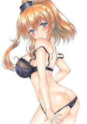 Rule 34 | ass, back, black bra, black hat, black panties, blue eyes, blush, bra, breasts, closed mouth, cowboy shot, from side, hat, kantai collection, large breasts, leaning forward, lingerie, long hair, looking to the side, marker (medium), one side up, panties, panty pull, ponytail, ren (endscape20), saratoga (kancolle), sideboob, solo, standing, strap slip, tareme, traditional media, underwear, underwear only