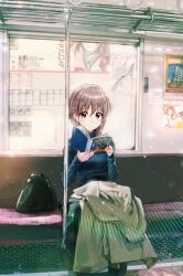 Rule 34 | 1girl, bad id, bad twitter id, bag, blue sweater, blush, book, closed mouth, coat, commentary request, earrings, expressionless, highres, holding, holding book, jewelry, long sleeves, looking at viewer, nagato yuki, poster (object), sitting, solo, suzumiya haruhi, suzumiya haruhi no yuuutsu, sweater, train interior, tsuruya, unworn coat, verse, white coat