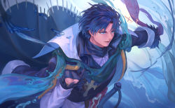 Rule 34 | 1boy, alternate costume, bartholomew roberts (fate), black hair, blue eyes, blue hair, cross, cross necklace, dark-skinned male, dark blue hair, dark skin, fate/grand order, fate (series), feather-trimmed sleeves, gloves, high collar, highres, holding, jacket, jacket on shoulders, jewelry, unworn jewelry, long sleeves, looking to the side, male focus, mashuu (neko no oyashiro), multicolored hair, necklace, unworn necklace, open mouth, scarf, smile, solo, sword, upper body, weapon