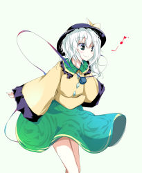 Rule 34 | 1girl, blouse, female focus, green eyes, hat, komeiji koishi, legs, looking down, messy hair, musical note, oouso, outstretched arms, shirt, simple background, smile, solo, spread arms, standing, third eye, touhou, white hair, yellow shirt