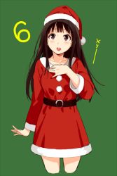 Rule 34 | 1girl, :d, brown eyes, brown hair, christmas, countdown, green background, hand on own chest, hat, merry christmas, open mouth, santa hat, sasamori tomoe, simple background, smile, solo, teeth, upper teeth only