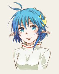 Rule 34 | 19670615t, 1girl, blue eyes, blue hair, breasts, closed mouth, crescent, crescent hair ornament, hair ornament, looking at viewer, pointy ears, rena lanford, short hair, simple background, small breasts, smile, solo, star ocean, star ocean the second story, white background