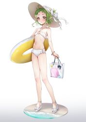 Rule 34 | 1girl, bag, bare shoulders, bikini, blush, bracelet, breasts, collarbone, elf, forehead, full body, green hair, halterneck, hat, highres, holding, holding bag, holding swim ring, innertube, jewelry, looking at viewer, medium hair, mushoku tensei, navel, parted lips, picter, pointy ears, shopping bag, simple background, small breasts, solo, standing, sun hat, swim ring, swimsuit, sylphiette (mushoku tensei), thighs, white bikini, white footwear, yellow eyes