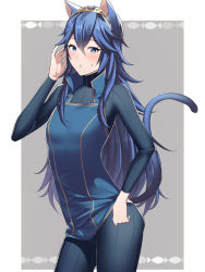 Rule 34 | 1girl, ameno (a meno0), animal ears, blue eyes, blue hair, blue pants, blue sweater, blush, cat ears, cat girl, commentary, fire emblem, fire emblem awakening, hair between eyes, jewelry, kemonomimi mode, long hair, long sleeves, looking at viewer, lucina (fire emblem), nintendo, pants, ribbed sweater, solo, sweatdrop, sweater, symbol-only commentary, tail, tiara, turtleneck, turtleneck sweater