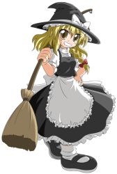 Rule 34 | 1girl, blonde hair, bow, braid, broom, d.a, female focus, full body, grin, hair bow, hat, kirisame marisa, long hair, maid, skirt, smile, solo, standing, touhou, transparent background, witch, witch hat, yellow eyes