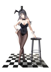 Rule 34 | 1girl, absurdres, animal ears, black bow, black bowtie, black eyes, black footwear, black hair, black leotard, black pantyhose, bow, bowtie, breasts, checkered floor, chinese commentary, cleavage, commentary request, crossed legs, detached collar, fake animal ears, full body, high heels, highres, large breasts, leotard, long hair, looking at viewer, original, pantyhose, playboy bunny, rabbit ears, simple background, solo, standing, stool, strapless, strapless leotard, tari (aegr3883), white background, wrist cuffs