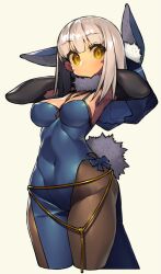 Rule 34 | 1girl, animal ear fluff, animal ears, armpits, black gloves, black pantyhose, blue dress, blue hood, blunt bangs, blush, breasts, cleavage, closed mouth, commentary request, covered navel, cowboy shot, dress, elbow gloves, expressionless, fake animal ears, fake tail, gloves, grey hair, hands in own hair, highres, hood, hood down, itsumo nokoru, jewelry, kaavi, large breasts, looking at viewer, mahjong soul, medium bangs, medium hair, necklace, pantyhose, pelvic curtain, rabbit ears, rabbit tail, sleeveless, sleeveless dress, solo, tail, wide hips, yellow eyes