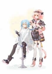 Rule 34 | 1boy, 1girl, :d, absurdres, animal ears, arknights, black bow, black choker, black footwear, black gloves, black hairband, black jacket, black pantyhose, black shorts, black skirt, blue bow, blue hair, blush, boots, bow, bow hairband, braid, cat ears, cat tail, chinese commentary, choker, closed eyes, closed mouth, commentary request, cross-laced footwear, flying sweatdrops, gloves, goldenglow (arknights), gradient hair, hair between eyes, hair bow, hair ornament, hairband, hairclip, hairdressing, highres, holding, holding another&#039;s hair, holding scissors, jacket, mayf42, mizuki (arknights), multicolored clothes, multicolored hair, multicolored jacket, open mouth, pantyhose, pink footwear, pink hair, pink jacket, scissors, shirt, short hair with long locks, shorts, single braid, skirt, smile, tail, thighhighs, two-tone jacket, white shirt, white thighhighs, yellow eyes