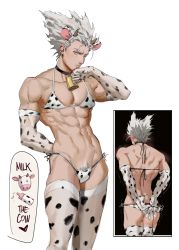 Rule 34 | 1boy, abs, absurdres, animal ears, animal print, ass, back, bell, bikini, bulge, choker, closed mouth, collarbone, cow boy, cow ears, cow horns, cow print, cow print bikini, cow tail, cowbell, dudlesnoodles, elbow gloves, english text, from behind, garou (one-punch man), gloves, grey hair, highres, horns, looking at viewer, male focus, multiple views, muscular, muscular male, navel, one-punch man, pectorals, pointy hair, print bikini, print gloves, print legwear, pubic hair, shoulder blades, side-tie bikini bottom, standing, swimsuit, tail, thighhighs, yellow eyes