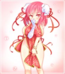 Rule 34 | 1girl, bandages, blush, breasts, bun cover, chain, china dress, chinese clothes, covering privates, covering crotch, cuffs, double bun, dress, female focus, flower, groin, hair bun, hand on own face, ibaraki kasen, large breasts, naked tabard, no bra, no panties, pink dress, pink eyes, pink flower, pink hair, pink rose, revealing clothes, rose, shackles, shouko (airen), sideboob, solo, tabard, touhou