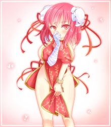 1girl bandages blush breasts bun_cover chain china_dress chinese_clothes covering_privates covering_crotch cuffs double_bun dress female_focus flower groin hair_bun hand_on_own_face ibaraki_kasen large_breasts naked_tabard no_bra no_panties pink_dress pink_eyes pink_flower pink_hair pink_rose revealing_clothes rose shackles shouko_(airen) sideboob solo tabard touhou