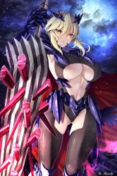Rule 34 | 1girl, absurdres, armor, armpits, artoria pendragon (fate), artoria pendragon (lancer alter) (fate), blonde hair, bodysuit, breasts, clothing cutout, commission, emanon123, fate/grand order, fate (series), gauntlets, gluteal fold, hair between eyes, hair ornament, highres, holding, holding polearm, holding weapon, large breasts, looking at viewer, navel, polearm, revealing clothes, rhongomyniad (fate), second-party source, skeb commission, skindentation, solo, stomach, underboob, weapon, yellow eyes