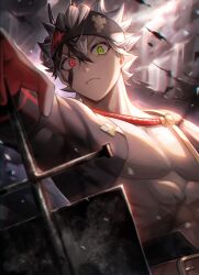 Rule 34 | 1boy, abs, asta (black clover), belt, black bulls (emblem), black capelet, black clover, black hair, black headband, brown belt, capelet, fang, green eyes, grey hair, headband, heterochromia, highres, holding, holding sword, holding weapon, looking at viewer, pectorals, red eyes, scar, scar on stomach, solo, sword, tsugutoku, weapon