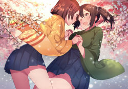 Rule 34 | 10s, 2girls, ;o, bare legs, black hair, blue skirt, blush, brown hair, cherry blossoms, eye contact, face-to-face, female focus, flower, girl on top, hair between eyes, hiryuu (kancolle), holding hands, interlocked fingers, iruma (ikutomi), japanese clothes, kantai collection, legs, looking at another, multiple girls, one eye closed, open mouth, pleated skirt, short hair, skirt, smile, souryuu (kancolle), standing, twintails, wince, yuri