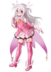 Rule 34 | 1girl, absurdres, boots, cape, fate/grand order, fate/kaleid liner prisma illya, fate (series), feather hair ornament, feathers, flat chest, gloves, hair ornament, highres, illyasviel von einzbern, long hair, looking at viewer, magical girl, nagai wataru, pink feathers, pink footwear, pink gloves, pink sleeves, pink thighhighs, prisma illya, red eyes, smile, solo, thigh boots, thighhighs, white hair