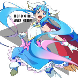 Rule 34 | 1girl, ahoge, blue cape, blue dress, blue eyes, blue footwear, blue hair, blurry, blurry foreground, boots, bow, brooch, cape, clenched hand, commentary, cure sky, cut bangs, depth of field, detached sleeves, dress, earrings, english text, fingerless gloves, fringe trim, frown, gloves, gradient hair, highres, hirogaru sky! precure, jewelry, kengo kumaxile, leg up, long hair, looking at viewer, magical girl, medium dress, multicolored hair, open mouth, pink hair, precure, red cape, single sidelock, sleeveless, sleeveless dress, solo, sora harewataru, standing, standing on one leg, streaked hair, thighhighs, twintails, two-sided cape, two-sided fabric, very long hair, white gloves, white thighhighs, wing brooch, wing hair ornament