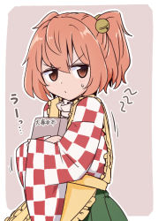 Rule 34 | 1girl, apron, bell, book, hugging book, brown eyes, checkered clothes, checkered kimono, commentary request, green skirt, hair bell, hair ornament, holding, holding book, japanese clothes, jingle bell, kimono, long sleeves, motoori kosuzu, hugging object, orange hair, red kimono, shio (futatsumami), short hair, simple background, skirt, solo, sweatdrop, touhou, translation request, two side up, upper body, v-shaped eyebrows, white kimono, wide sleeves, yellow apron