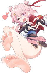 1girl arka91 barefoot blue_eyes blush feet heart heart_hands highres honkai:_star_rail honkai_(series) looking_at_viewer march_7th_(honkai:_star_rail) medium_hair one_eye_closed open_mouth pink_hair soles toes wink