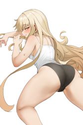 Rule 34 | 1girl, absurdres, armpit crease, artist request, ass, back, bare arms, bare shoulders, black panties, blonde hair, blush, breasts, bright pupils, cameltoe, camisole, commission, from behind, girls&#039; frontline, highres, long hair, looking at viewer, looking back, lying, medium breasts, no pants, on stomach, orange eyes, panties, parted lips, profile, second-party source, shirt, simple background, sleeveless, sleeveless shirt, solo, spaghetti strap, sweatdrop, thighs, type 80 (girls&#039; frontline), underwear, very long hair, white background, white shirt