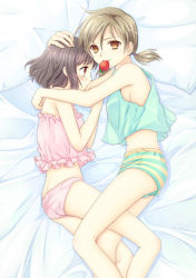 Rule 34 | 2girls, ass, bed sheet, breasts, brown eyes, brown hair, butt crack, camisole, food, fruit, hand on another&#039;s head, incest, joshi kousei, leg between thighs, lying, medium breasts, mouth hold, multiple girls, official art, on side, ooshima towa, panties, pillow, ponytail, short hair, shorts, siblings, sideboob, sisters, strawberry, striped clothes, striped shorts, suzuki momoka, suzuki yuma, twintails, underwear, yuri