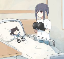 Rule 34 | 2girls, bed, black hair, blanket, boxing gloves, brown hair, closed eyes, closed mouth, commentary, focus mitts, hands up, hibike! euphonium, hospital bed, indoors, kasaki nozomi, liz to aoi tori, looking at another, lying, lyy, mini person, minigirl, multiple girls, on back, pants, pillow, ponytail, sad, sailor collar, shirt, short sleeves, symbol-only commentary, white shirt, yoroizuka mizore
