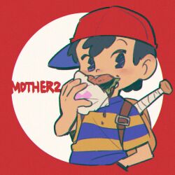Rule 34 | 1boy, backpack, bag, baseball bat, baseball cap, black hair, blending, blush, brown bag, burger, chewing, commentary request, copyright name, eating, food, hand in pocket, hat, holding, holding burger, holding food, looking at viewer, male focus, mother (game), mother 2, ness (mother 2), nintendo, pac-man eyes, red hat, shirt, short hair, short sleeves, sideways hat, solo, striped clothes, striped shirt, ukata, upper body