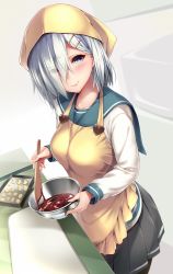 Rule 34 | 10s, 1girl, apron, baking sheet, breasts, buttons, chocolate, collarbone, commentary, cookie, cooking, eyes visible through hair, food, from above, grey skirt, hair ornament, hair over one eye, hairclip, hamakaze (kancolle), head scarf, heart button, highres, holding, holding spoon, kantai collection, kitchen, lips, long sleeves, looking at viewer, medium breasts, mixing bowl, nironiro, pantyhose, pleated skirt, pot, school uniform, serafuku, short hair, silver hair, skirt, smile, solo, spatula, spoon, table
