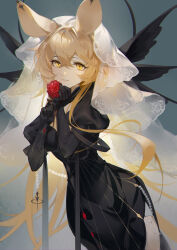 Rule 34 | 1girl, absurdres, animal ears, arknights, black dress, black gloves, blonde hair, breasts, chinese commentary, cleavage cutout, clothing cutout, commentary request, dorothy (arknights), dorothy (hand of destiny) (arknights), dress, flower, gloves, head wings, headpiece, highres, holding, holding flower, leaning forward, long hair, looking at viewer, medium breasts, mouse ears, mouse girl, red flower, red rose, rose, smile, solo, veil, very long hair, white veil, wings, woodylixx, yellow eyes