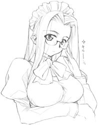 Rule 34 | 00s, 1girl, breasts, face, fate/stay night, fate (series), female focus, glasses, greyscale, maid, medusa (fate), medusa (rider) (fate), monochrome, solo, square pupils, yamaguchi homupe