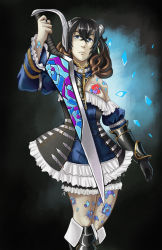 Rule 34 | 1girl, armor, armored dress, asymmetrical clothes, asymmetrical sleeves, bare shoulders, black hair, bloodstained: ritual of the night, blue eyes, brown hair, crossed bangs, earrings, gauntlets, gradient hair, hair between eyes, highres, horns, jewelry, knerr, miriam (bloodstained), mismatched sleeves, multicolored hair, pale skin, reverse grip, ring, short hair, single gauntlet, solo, stained glass, sword, tattoo, weapon