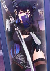 Rule 34 | 1girl, 2b (nier:automata), 2b (nier:automata) (cosplay), absurdres, asymmetrical horns, black dress, black gloves, black hair, black thighhighs, blue hair, breasts, cellphone, cleavage, cleavage cutout, clothing cutout, colored inner hair, cosplay, demon horns, dress, gloves, hair ornament, highres, holding, holding phone, hololive, hololive english, horns, juliet sleeves, katana, kneeling, large breasts, long hair, long sleeves, mole, mole under eye, multicolored hair, naruto (series), naruto shippuuden, nerissa ravencroft, nier:automata, nier (series), nixour, phone, planted, planted sword, planted weapon, poster (object), puffy sleeves, red eyes, selfie, smartphone, solo, sword, taking picture, thighhighs, two-tone hair, uneven horns, uzumaki naruto, very long hair, virtual youtuber, weapon