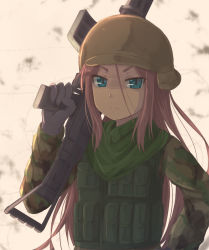 Rule 34 | &gt;:(, 1girl, ahagon umiko, assault rifle, beige background, black gloves, blue eyes, brown hair, camouflage, closed mouth, commentary, dark skin, dark-skinned female, frown, gloom (expression), gloves, gun, hair between eyes, helmet, highres, hikari niji, long hair, looking at viewer, new game!, rifle, shaded face, sketch, solo, trigger discipline, upper body, v-shaped eyebrows, very long hair, weapon