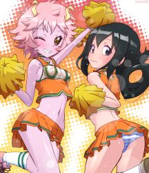 Rule 34 | 10s, 2girls, ;d, alternate costume, antennae, arm up, ashido mina, ass, asui tsuyu, back, bare shoulders, black eyes, black hair, blush, boku no hero academia, breasts, cheerleader, colored skin, commentary request, frog girl, highres, k10k, midriff, multiple girls, navel, one eye closed, open mouth, panties, pink hair, pink skin, pleated skirt, polka dot, polka dot panties, pom pom (cheerleading), ponytail, shoes, short hair, skirt, sleeveless, smile, socks, striped clothes, striped panties, teeth, underwear, upskirt, wavy mouth
