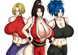 Rule 34 | 3girls, absurdres, blonde hair, blue mary, breasts, fatal fury, highres, huge breasts, leona heidern, long hair, multiple girls, ponytail, shioriichi, shiranui mai, the king of fighters, white background