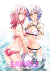Rule 34 | 10s, 2girls, :o, age difference, ass, bikini, blue hair, breasts, butt crack, carol (guilty crown), cleavage, fyu-neru, gluteal fold, guilty crown, guilty crown lost christmas, looking at viewer, looking back, mother and daughter, multiple girls, navel, official art, orange eyes, partially submerged, pink hair, polka dot, polka dot bikini, polka dot swimsuit, redjuice, sample watermark, short hair, strap gap, swimsuit, water, watermark, yellow eyes, yuzuriha inori