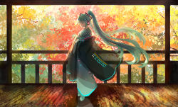 Rule 34 | 1girl, absurdres, adapted costume, amino photo, aqua eyes, aqua hair, aqua kimono, autumn leaves, black sleeves, branch, commentary, expressionless, hair ornament, half-closed eyes, handrail, hatsune miku, headphones, highres, huge filesize, japanese clothes, kimono, leaf, long hair, looking down, maple leaf, neon trim, no shoes, obi, sash, scenery, solo, standing, symbol-only commentary, tree, twintails, very long hair, vocaloid, wide shot, wooden floor