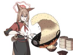 Rule 34 | 1girl, animal ears, bamboo steamer, black skirt, blue archive, bowl, breasts, brown hair, cooking, fried rice prank (meme), gourd, grey eyes, halo, highres, holding, holding ladle, jacket, ladle, large breasts, long hair, long sleeves, looking at viewer, meme, neckerchief, open mouth, red jacket, red neckerchief, rice, rumi (blue archive), shirt, simple background, skirt, solo, standing, uni gyoza, white background, white shirt, wok