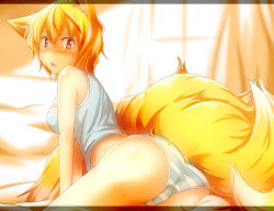Rule 34 | 1girl, alternate costume, animal ears, arm support, ass, bare shoulders, bed, bed sheet, blonde hair, blush, breasts, curtains, fox ears, fox tail, from behind, hair between eyes, indoors, light rays, looking at viewer, looking back, multiple tails, no headwear, panties, shirt, short hair, sleepwear, sleeveless, sleeveless shirt, solo, striped clothes, striped panties, tail, tamahana, tank top, thighs, touhou, triangle mouth, underwear, underwear only, window, yakumo ran
