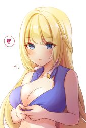 Rule 34 | !, !!, 1girl, arch bishop (ragnarok online), blonde hair, blue eyes, blue shirt, blush, braid, breasts, cleavage, commentary request, crop top, dated, dressing, french braid, hair intakes, highres, large breasts, long hair, looking at viewer, open mouth, ragnarok masters, ragnarok online, shirt, signature, simple background, sleeveless, sleeveless shirt, solo, spoken exclamation mark, tomo-graphy, twitter username, upper body, white background