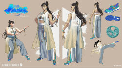 Rule 34 | 1girl, ass, bracelet, capcom, character name, character sheet, chun-li, crop top, fighting stance, high kick, jewelry, kicking, looking at viewer, official alternate costume, official alternate hairstyle, official art, shoes, sneakers, street fighter, street fighter 6, updo