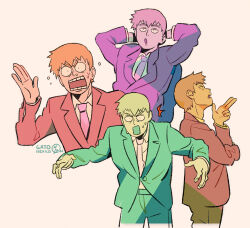 Rule 34 | 1boy, arms behind head, artist name, blonde hair, commentary, english commentary, formal, gatoiberico, hand up, highres, jacket, long sleeves, looking at viewer, male focus, mob psycho 100, multiple views, necktie, open mouth, pants, reigen arataka, short hair, simple background, standing, suit, suit jacket, sweat