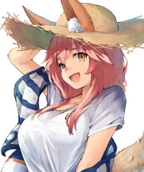 Rule 34 | 1girl, :d, animal ears, arm up, bad id, bad pixiv id, breasts, brown eyes, ears through headwear, fang, fate/grand order, fate (series), fox ears, fox tail, hand on headwear, hat, highres, innertube, koretsuki azuma, large breasts, long hair, looking at viewer, open mouth, pink hair, shirt, simple background, smile, solo, straw hat, sun hat, swim ring, t-shirt, tail, tamamo (fate), tamamo no mae (fate/extra), tamamo no mae (swimsuit lancer) (fate), tamamo no mae (swimsuit lancer) (first ascension) (fate), upper body, white background