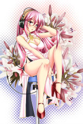 Rule 34 | 1girl, :o, arm up, bad id, bad pixiv id, bare arms, bare legs, bare shoulders, bespectacled, blush, breasts, china dress, chinese clothes, cleavage, cleavage cutout, clothing cutout, dress, female focus, floral background, flower, glasses, hair between eyes, halftone, halftone background, hand on headphones, headphones, high heels, knee up, large breasts, legs, lily (flower), long hair, looking at viewer, megurine luka, no panties, open mouth, pink dress, pink eyes, pink hair, red-framed eyewear, red footwear, semi-rimless eyewear, shirokuma a, shoes, side slit, sitting, sleeveless, sleeveless dress, solo, stool, vocaloid